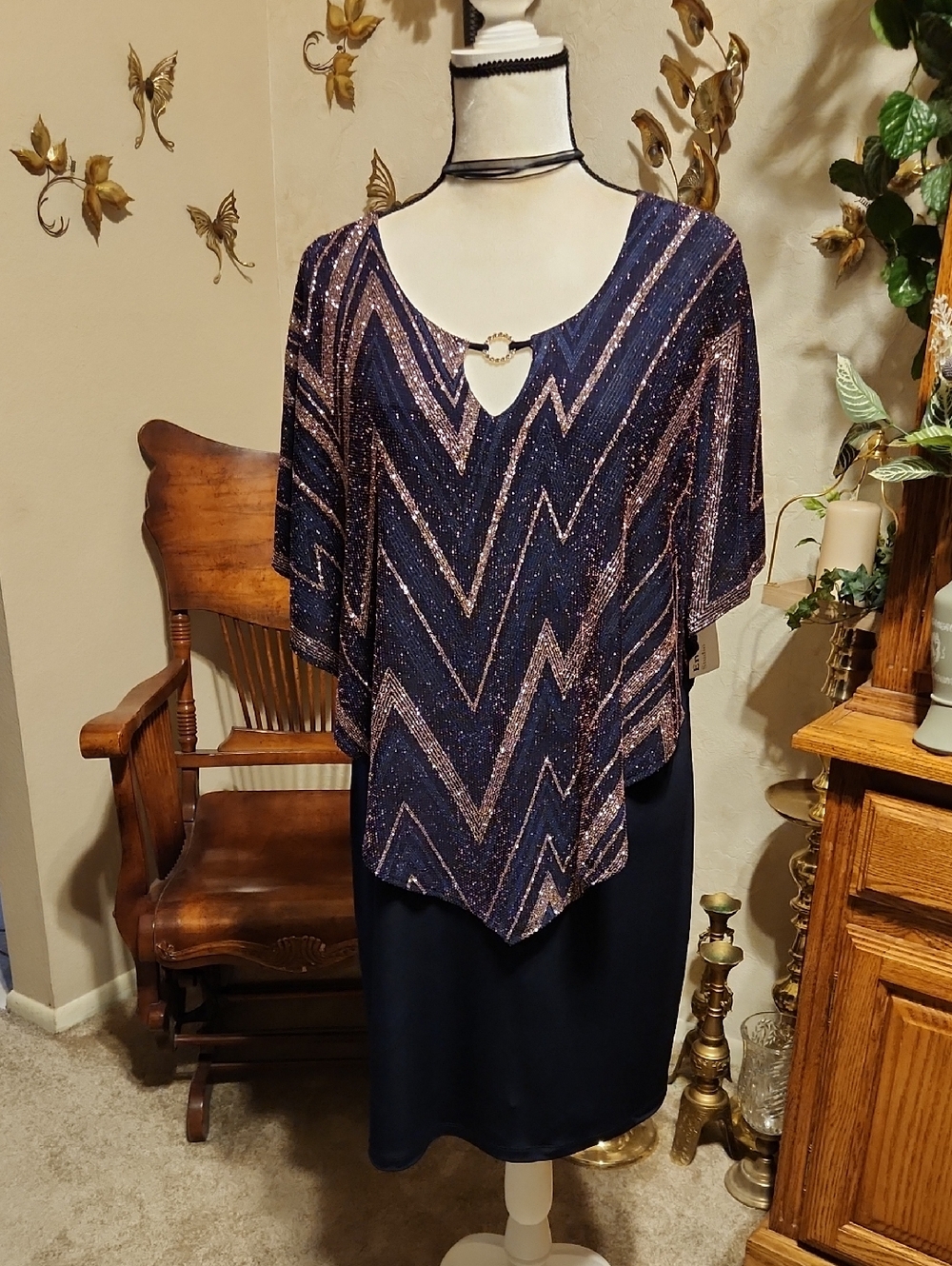 Navy & Rose Gold Sparkle V-Neck Women's Dress